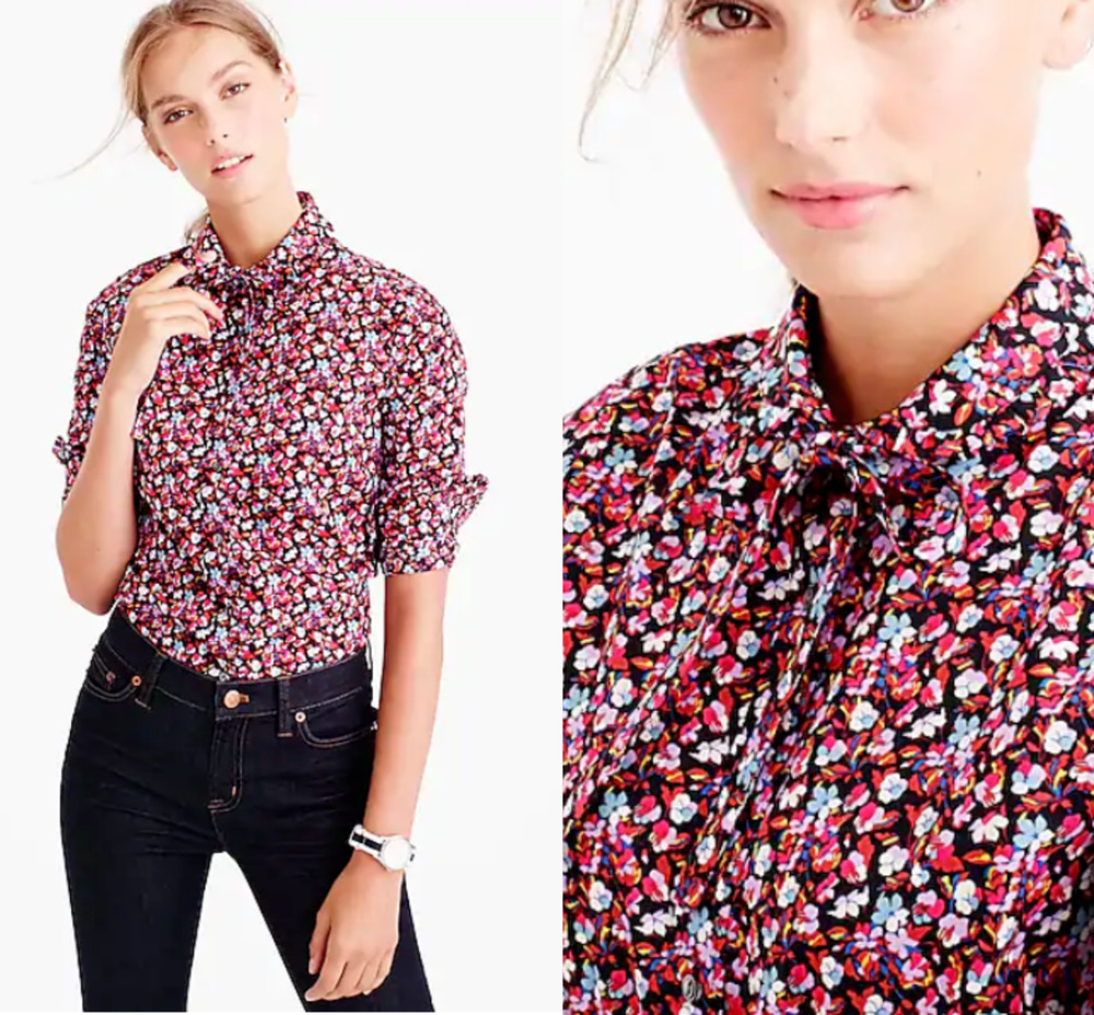 J.Crew Liberty ART SARAH Floral Button up tie neck Blouse Size 0